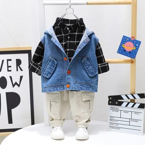 LISUNNY 2021 Spring Baby Boys Clothing Sets Toddler Infant Clothes Denim Vest Plaid Shirt Pants Children Kids Casual Clothes
