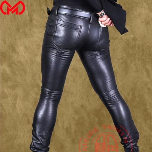 New Men Plus Size Sexy Tight Pencil Pants PU Shiny Faux Leather Tight Trousers Punk Glossy Stage Pencil Pants Club Gay Wear F92