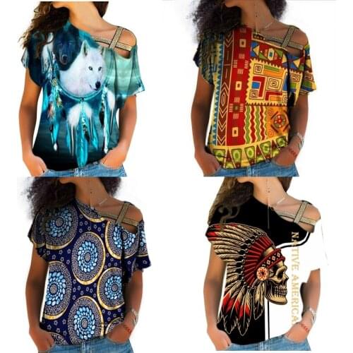 USA Size Ladies Diagonal Collar Shirt Summer Cross Short Sleeve Off-Shoulder 3d Printing Fashion Casual Top One-Shoulder Shirt