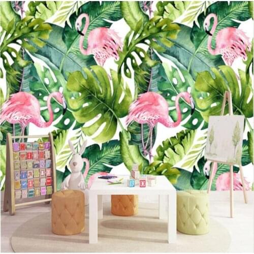Nordic Small Fresh Flamingo Tortoise Leaf Background Wall Murals Custom Size Large Mural Green Wallpaper Papel De Parede 3D