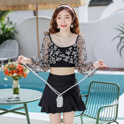 2021 New Korean Fashion Long-Sleeved Lace Petal Print Collocation High-Waist Pleated Skirt Drawstring Elastic Hot Spring Swims