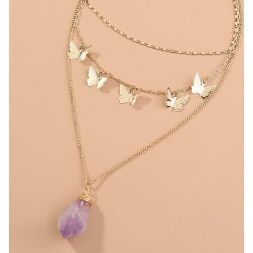 Women Punk Purple Crystal Pendant Multilayer Necklace Fashion Gold Butterfly Chain Beach Necklaces Jewelry Gifts