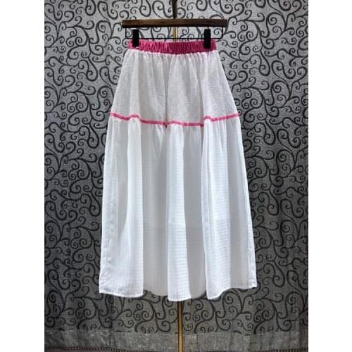 Newest Fashion Womens Skirt 2021 Summer Clothing Ladies Elastic Waist Color Block Patchwork Mid-Calf Casual White A-Line Skirt
