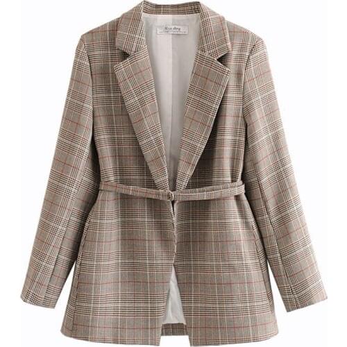 New 2020 Spring Suit Jacket Retro Ladies Check Suits Europe America Fashion Plaid Suit Blazer Casual Jacket Outerwear With Belt