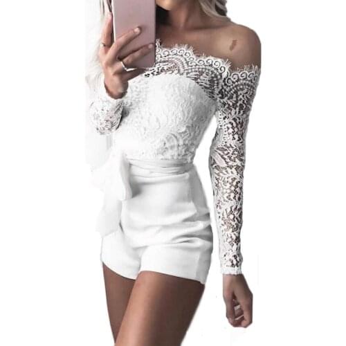2018 Hot sexy women jumpsuits rompers shorts fashion summer long sleeve lace patchwork playsuits Off Shoulder belted holiday set