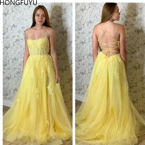 HONGFUYU Yellow Spaghetti Straps Prom Dresses 2021 Appliques Lace-Up A Line Evening Dresses Long vestido de festa Corset Back