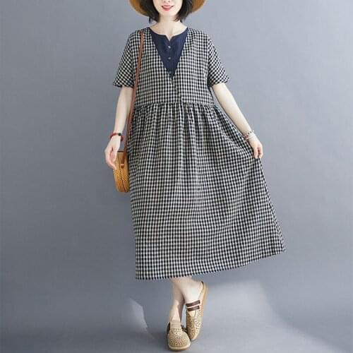 Women Cotton Linen Casual Dress New Arrival 2021 Summer Simple Style Vintage Plaid Loose Comfortable Female Long Dresses S3037