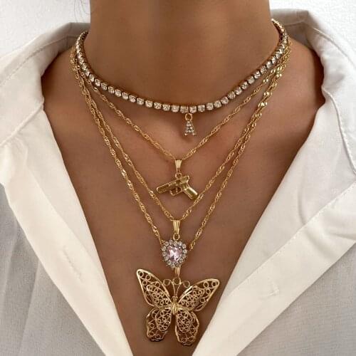 Fashion Multi-layer Butterfly Heart Crystal Pendant Necklaces For Women Gold Color Letter Clavicle Chain Necklace Jewelry Gift