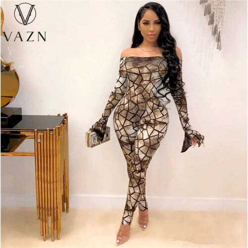 VAZN 2021 Top Quality Full Sleeve Off Shoulder Striped Print BandageHigh Waist Women Long Pencil Jumpsuits