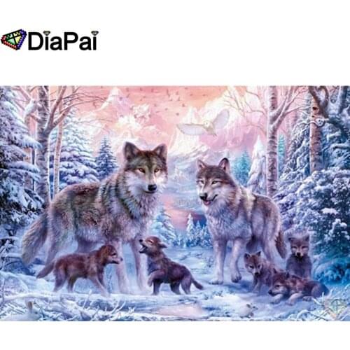 DIAPAI Diy 5d Diamond Painting "Animal wolf family" Cross Stitch Square Round Diamond Embroidery Handwork Rhinestone Art A26834