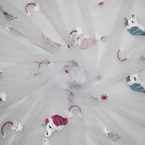 White Kids Cartoon Tulle Mesh Fabric Unicorn Embroidered lace Tulle For Girl Clothes Dress Pink, sold by the yard, 130cm wide