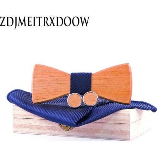 Maple Wooden Bow Tie Silk Handkerchief Cufflink Brooch Set For Mens Wedding Novelty Accessory Ties Butterfly Decoration