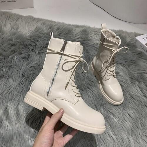 Leather Ankle Boots Women Boots Chelsea Plush Lining Warm Soft Sole Ladies Round Chunky Lace-up Winter Female Platform Shoes