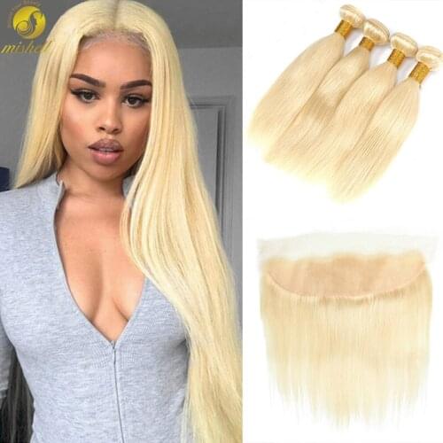 Mishell 30 32 34 40 Inch Straight Brazilian 613 Hair Weave Bundles With Frontal Human Hair Bundles With Closure Hair Extension