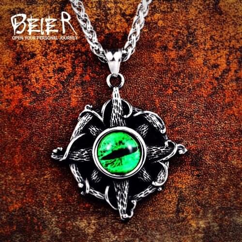 Beier 316L stainless high quality viking Pattern cross pendant necklacet for Men Amulet Green zircon fashion Jewelry LHP086