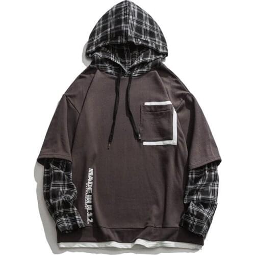 2020 Autumn hooded coat contrast color splicing sleeve street hip hop fake two-piece bf neutral hoodies for men