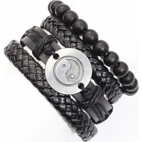 New 4 Pcs/set Brown Black Leather Men Bracelets For Women Beads Skull Taichi Love Charm Femme Homme Male Jewelry Free Shipping