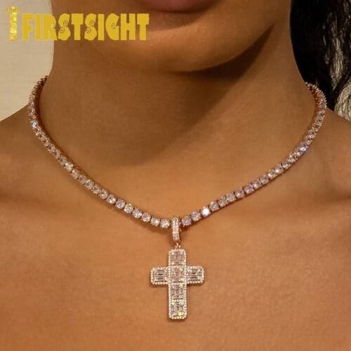 New Iced Out Asscher Cut Cross Pendant Necklace Mens Women Micro Paved Hip Hop Gold Silver Color Bling 5mm Tennis Chain Jewelry