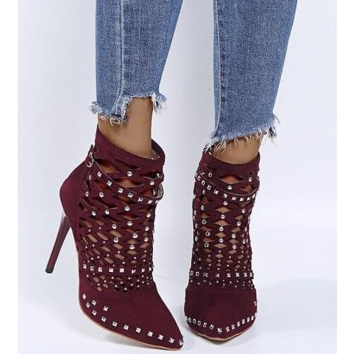 Gladiator Sandals Summer Spring Pointed Toe Rivets Studded Cut Out Caged Ankle Boots Stiletto Heel Women Shoeskm4