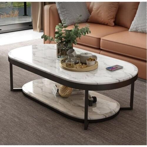Nordic modern marble TV cabinet coffee table combination simple oval double-layer TV cabinet coffee table living room interior
