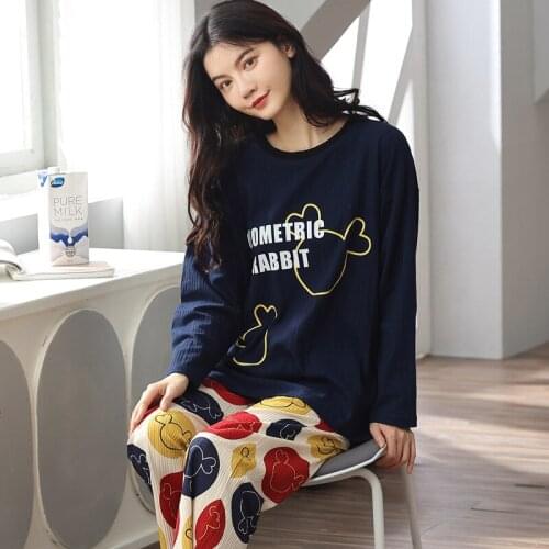 Spring Autumn Womens Sleep Lounge Pajama Long Sleeve Woman Pajama Set Cute Cartoon Pyjamas Cotton Sleepwear XXL Homewear