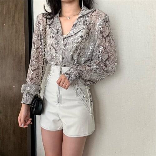 Bella Philosophy Snake Print Sequined Blouse Glitter Top Long Sleeve Button Down Shirt For Women Blouse Korean Shorts Suits