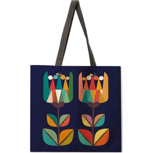 Cartoon color flower and grass printed handbag Ladies linen bag Ladies shoulder bag Outdoor handbag Foldable shopping bag