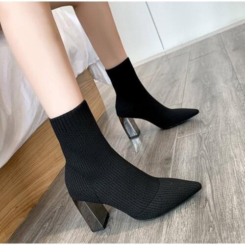 Womens Sock Boots Plus Size Ladies Stretch Fabric Ankle Boots Female High Heels Woman Pointed Toe Footwear Chelsea Boots Sexy