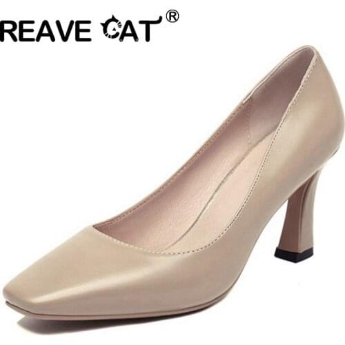 REAVE CAT New 2021 Women Pumps Square Toe 7.5cm Block Heels Classic Concise Big Size 34-48 Casual Office Date Beige Summer A3880