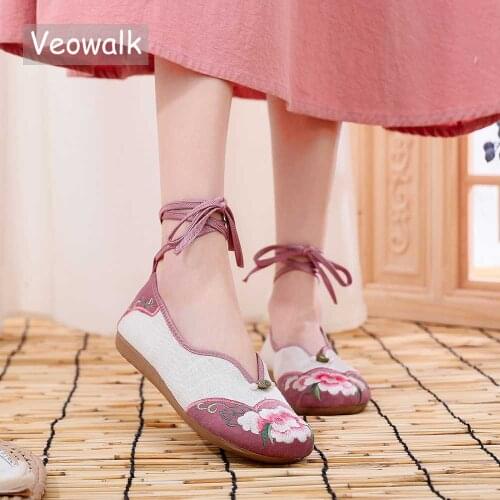 Veowalk Pink Beige Patchwork Women Linen Cotton Ankle Strap Ballet Flats Comfortable Ladies Casual Ballerinas Embroidered Shoes