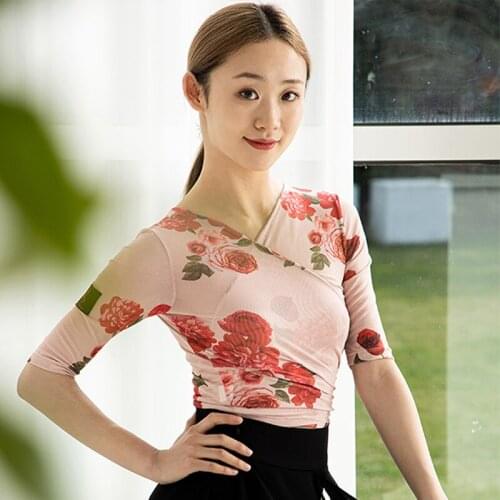 Fashion Female Dacing Tops Latin Dance Dress Perspective Mesh Tops Ballroom Shirt Women Club Show Stage Costume Flower Tops 3862