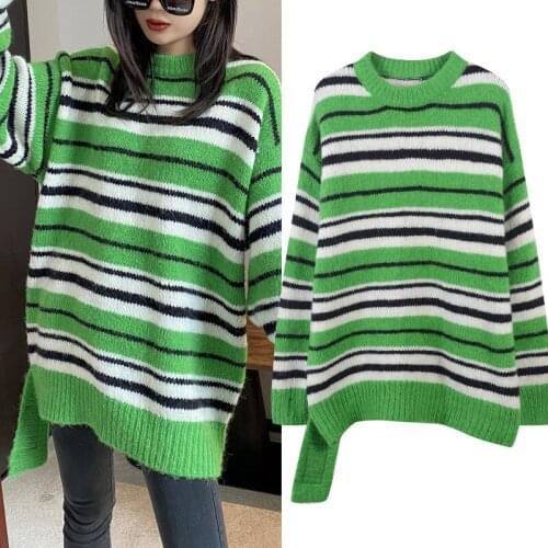 Women Autumn Winter Green Striped Contrast Sweater Runway Clothes 2020 Fashion O-Neck Loose All-Match Pullover Jumper Oversize