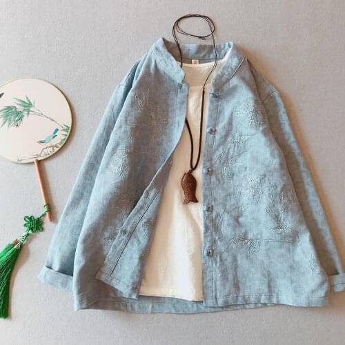 Autumn Women Coat Embroidery Long-sleeved Cotton Linen Cardigan 2021 Spring Autumn Jacquard Outerwear Women Blouse