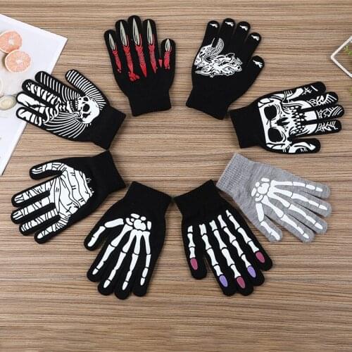 Unisex Adult Halloween Skeleton Skull Half Finger Gloves Glow in the Dark Fingerless Stretch Knitted Winter Mittens