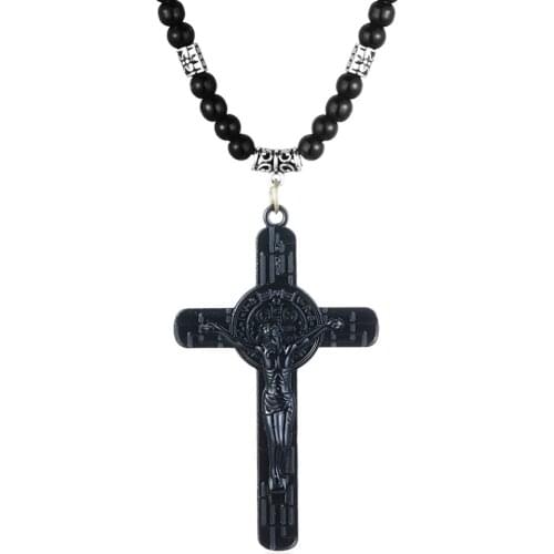 1pc Vintage Saint Benedict Medal Pendant Jewelry for Men Women Black Color Stone Beads Cross Jesus Religious Chains Necklaces