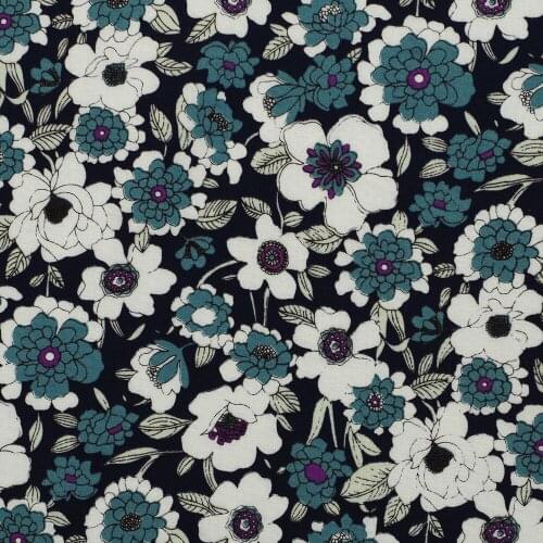 1 Yard Cotton Poplin Fabric for Sewing Patchwork, Dress, Cloth - Flowers on Deep Blue Background (width=140cm)