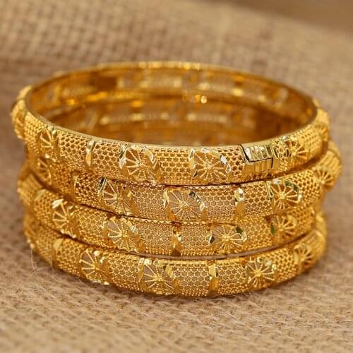 4pcs/lot 24K Dubai Bangles For Women Ethiopian Africa Fashion Gold Color Saudi Arabia Bride Wedding Bracelet Jewelry Gifts