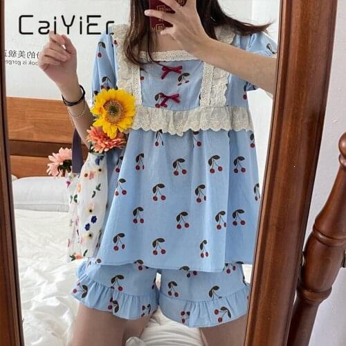 CAIYIER Cute Lace Cherry Girls Pajamas Set Summer Lovely Short Sleeve Sleepwear Casual Korean Nightwear Ladies Sweet Homewear