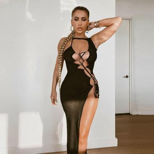 DSMTRC Women Black Hollow Out Lace Up High Slit Midi Dress Sleeveless Bodycon Sexy Streetwear Party Club 2021 Autumn Winter