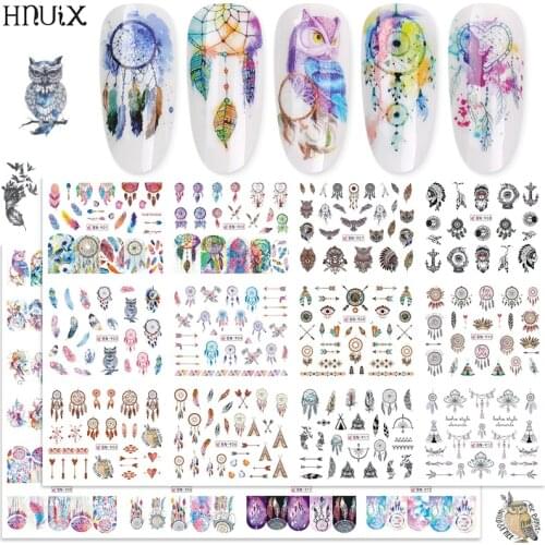 HNUIX 1Set 12 pieces nail sticker black flower water transfer decal lace dream catcher design Nail Art slider varnish decoration