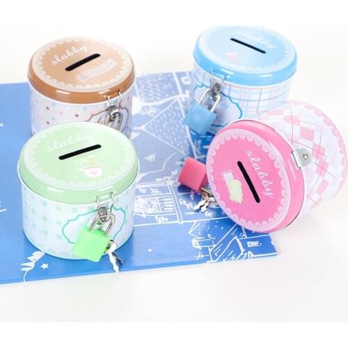 1Pc Round Cartoon Coin Box Piggy Bank Metal Money Box with Lock Children Money Saving Birthday Gifts for Girls Boys