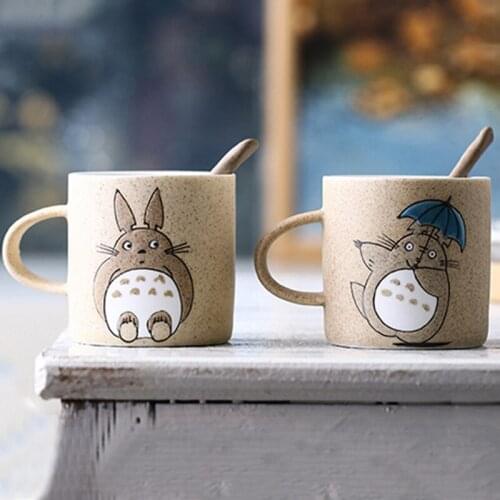 New 200mL Hand Make Coffee Mug With Spoon and Wood Cover High Quality Totoro Cartoon Theme Milk Tea Ceramic Cup Gift for Couples