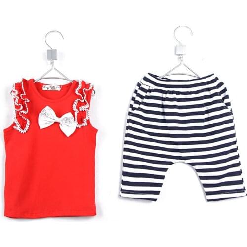 Summer Pretty Little Girls Dress Sleeveless T-shirts And Striped Cropped Trousers Fashion Clothing Sets 0491