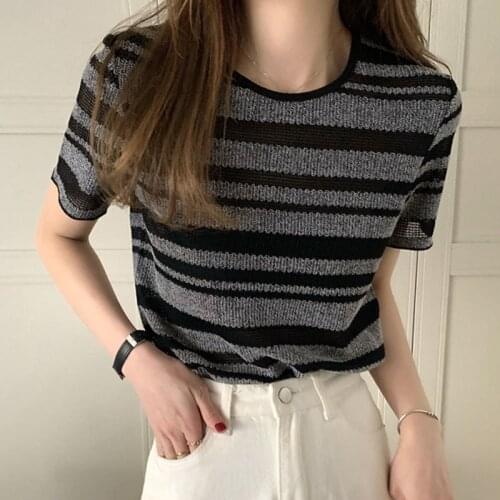 Summer Korean Fashion Women Clothes 2021 Short-sleeve Knitwear Striped Top Dropshipping Knitted Fabric Casual Shirts Blusas 0982