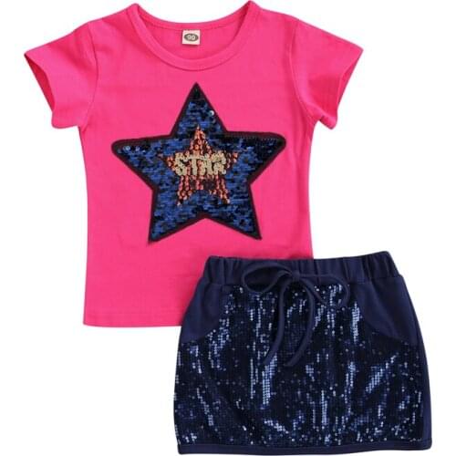 Cute Children Summer Outfits Sets Star Sequins O-Neck Short Sleeves T-Shirt + Elastic Waist Short Skirt for Girls 2-7 Years