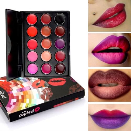 Popfeel Beauty 15 Colors Matte Lip Gloss Lipstick Cosmetic Makeup Palette Set