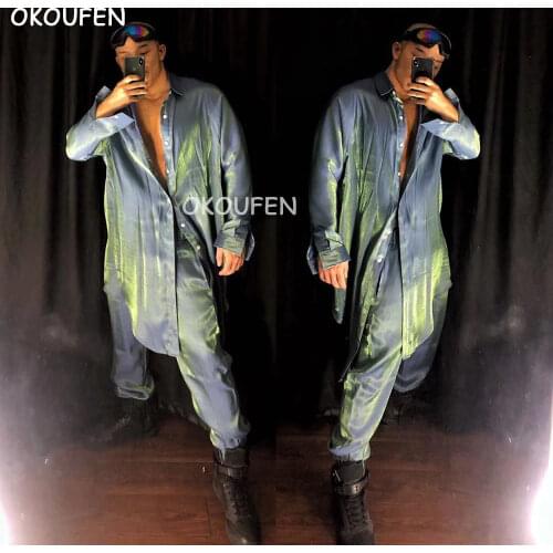 Nightclub Bar DJ Singer Dance Team Stage costumes Fashion Glazed Symphony Tide Hip Hop Long Coat Costume Set