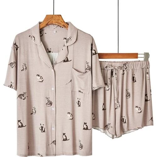 Women Full Cat Print Spring and Autumn Pajamas with Pocket Short Sleeve Cardigan Sleep Tops with Shorts Modal Home Pajama Set