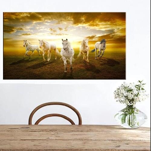 Five Running White Horse Animals Painting Artistic Canvas Art Sunshine Posters and Prints Modern Wall Picture For Living Room