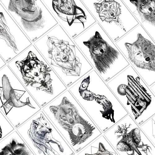 Qucious Wolf Bear Fox Temporary Tattoos Creative Moon Forest Animal Body Art Arm Chest Tattoos For Men Realistic Sheets Sticker